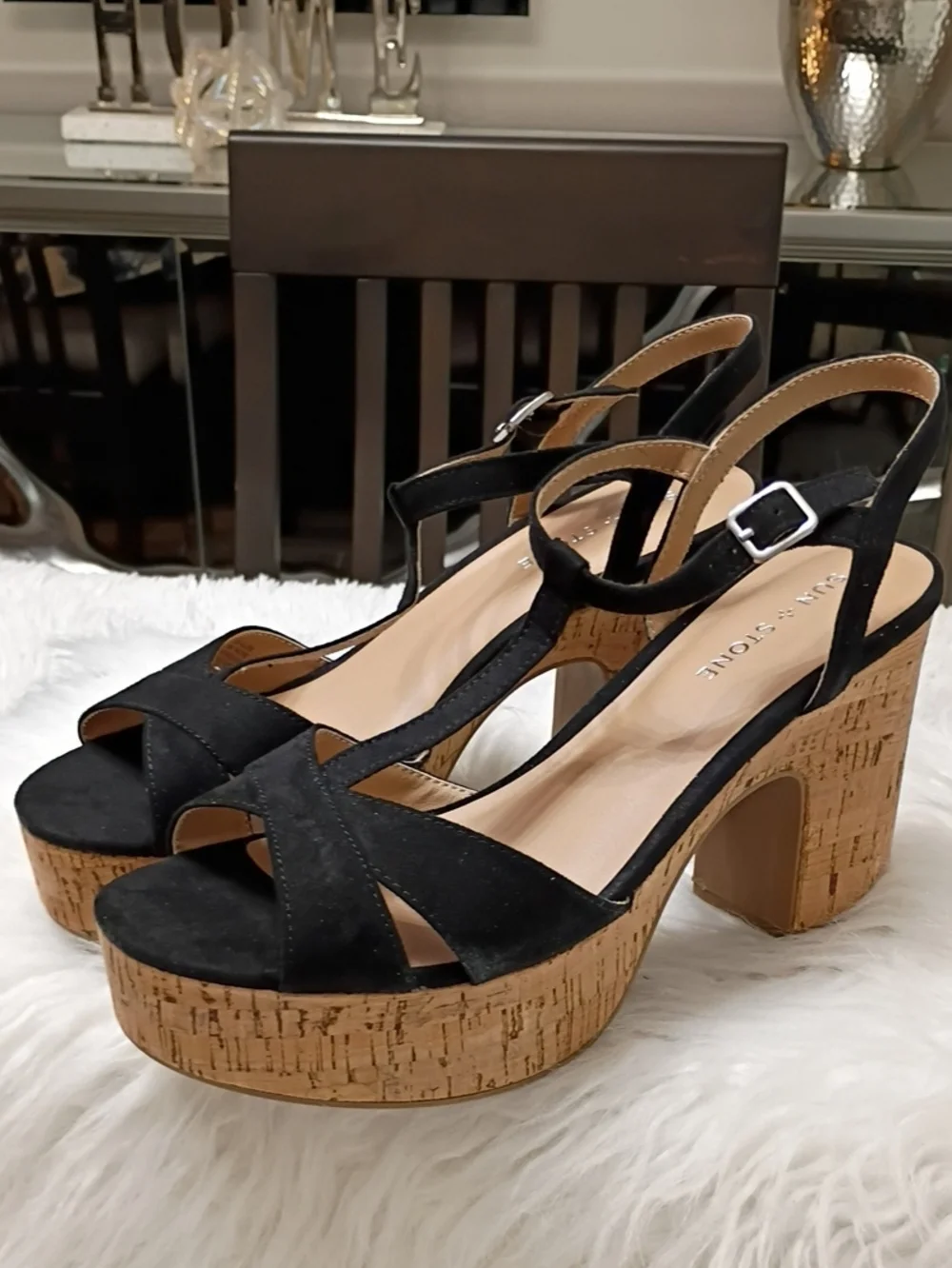 New Sun & Stone Julien Black Cork-Platform T-Strap Sandals - 10M